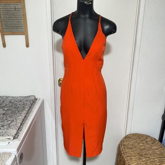 L’ Atiste  Bright Orange Red Plunging Neckline Dress Size Medium - Picture 2 of 7